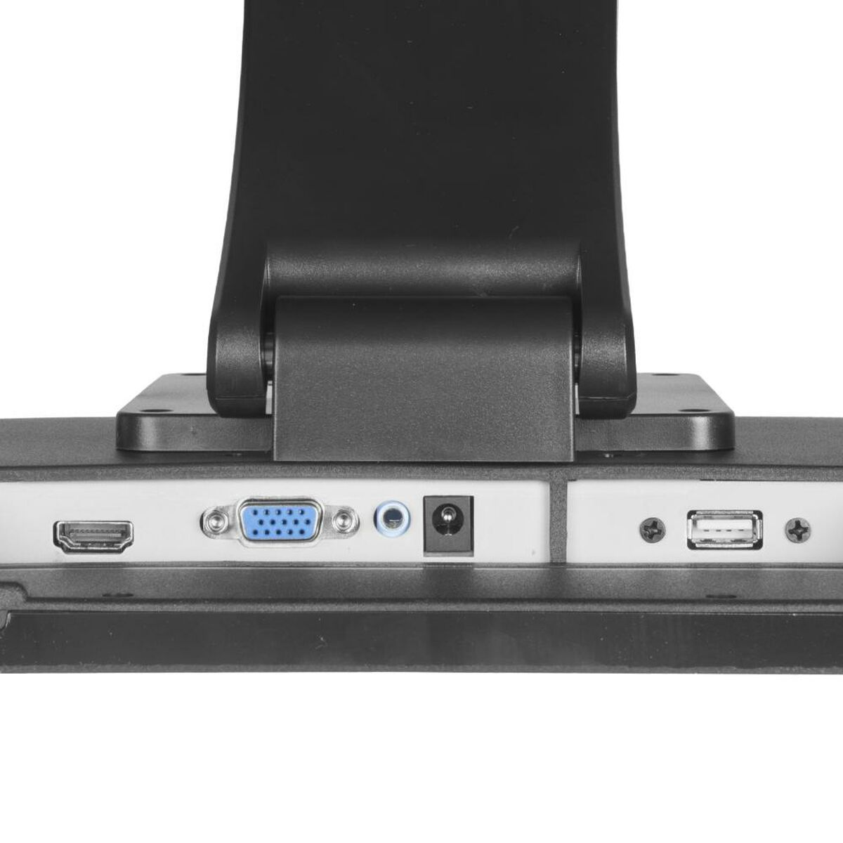 Nahaufnahme der Rückseite eines Monitors mit Anschlüssen: HDMI, VGA, Audio, Strom und USB. Ein schwarzer Ständer ist oben befestigt.