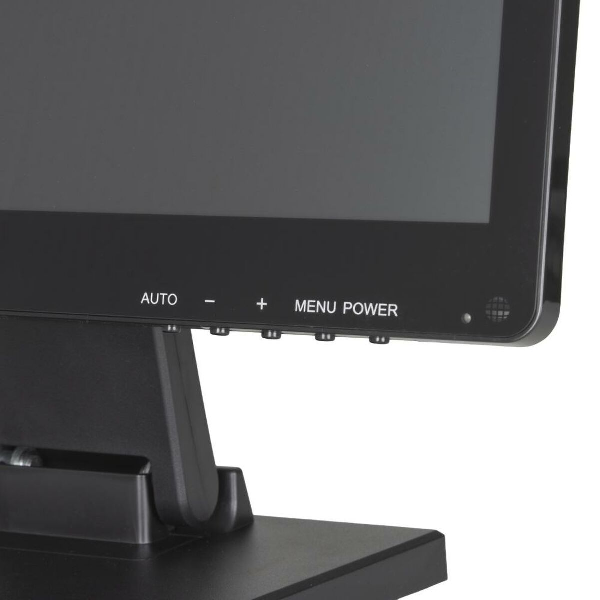 Nahaufnahme eines schwarzen Monitors. Auf der Unterseite steht AUTO, -, +, MENU POWER. Ein Ständer stützt den Bildschirm.