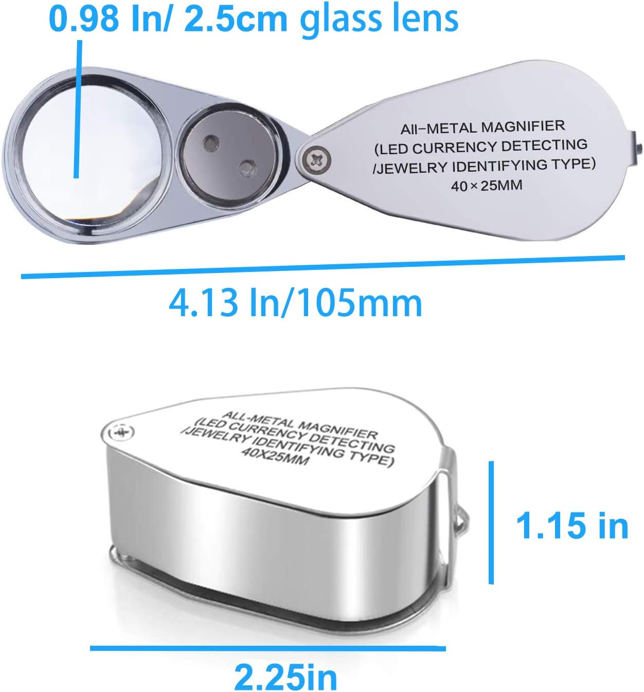Eine silberne Lupe mit Maßen und Textbeschriftungen. Die Lupe ist geöffnet und zeigt die Linse und den Griff. Es steht 'ALL-METAL MAGNIFIER'.