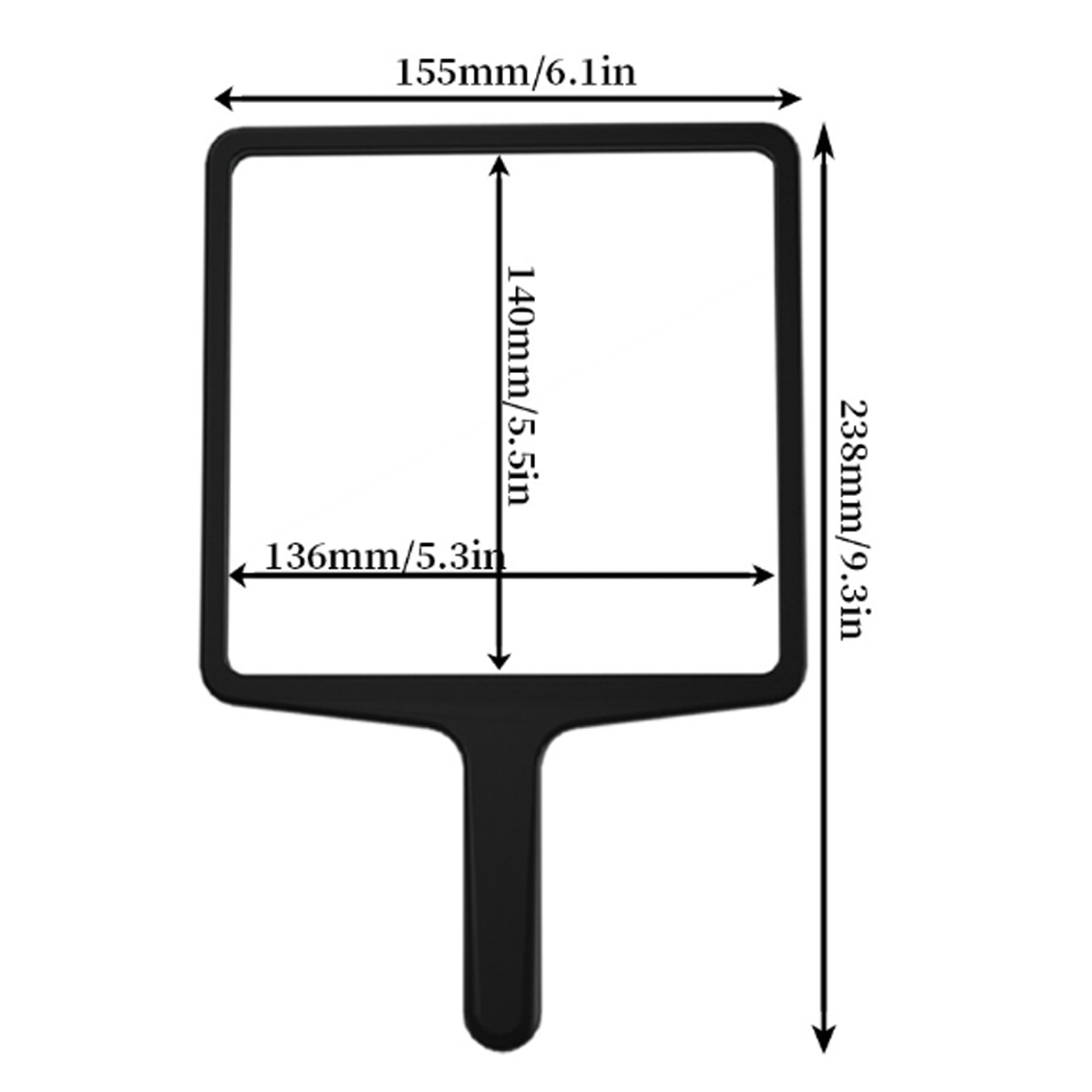 Schwarzer Handspiegel mit Maßangaben: 155mm/6.1in, 140mm/5.5in, 136mm/5.3in und 238mm/9.3in.