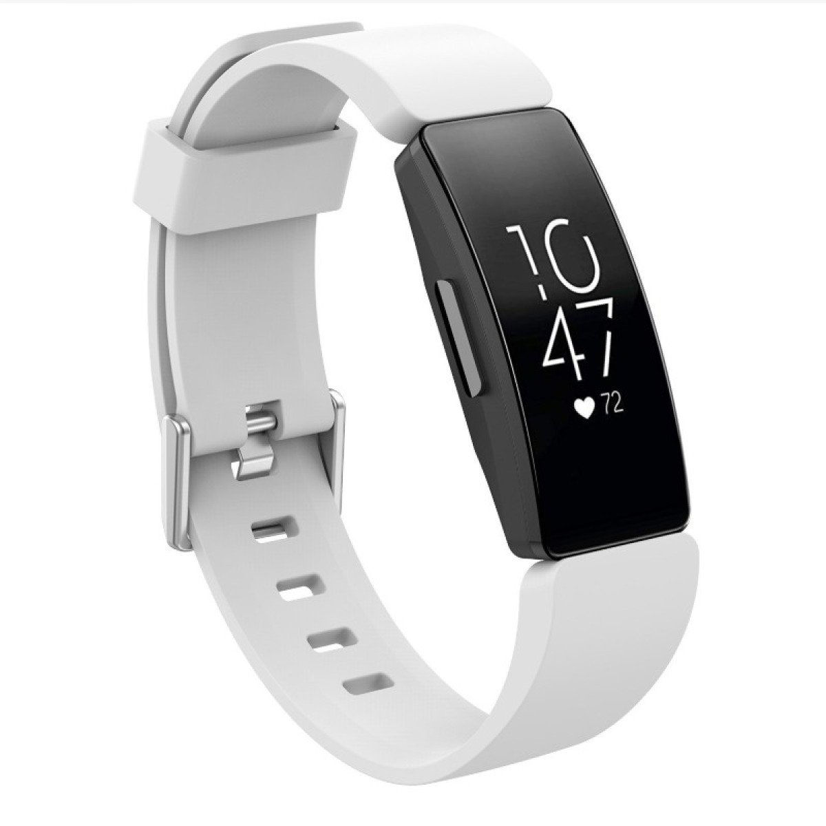 Ein weiß-schwarzer Fitnesstracker mit Anzeige von Uhrzeit und Herzfrequenz. Er hat ein weißes Armband und einen Metallverschluss.