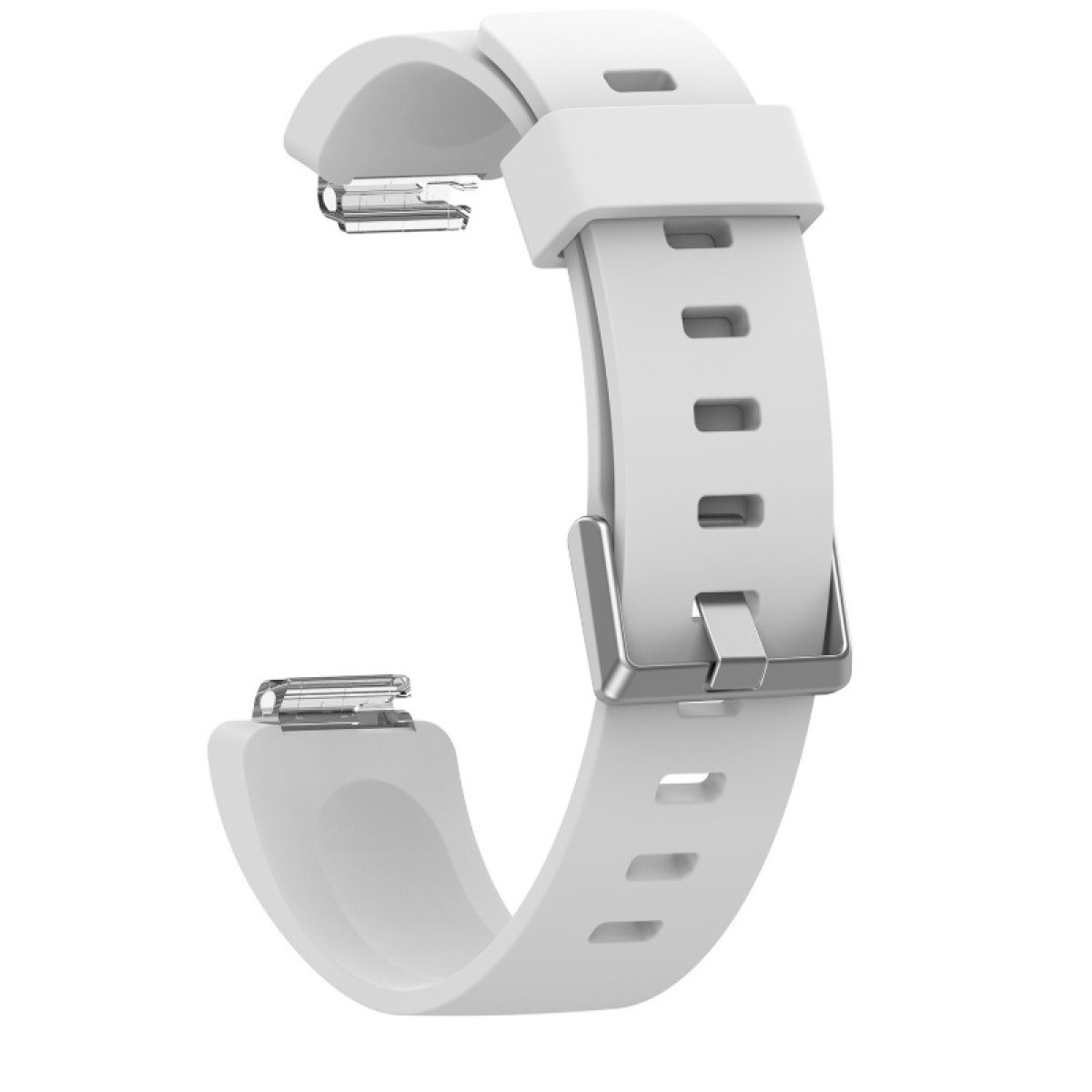 Ein weißes Smartwatch-Armband vor weißem Hintergrund. Es hat eine Metallschnalle und mehrere Löcher zur Anpassung.