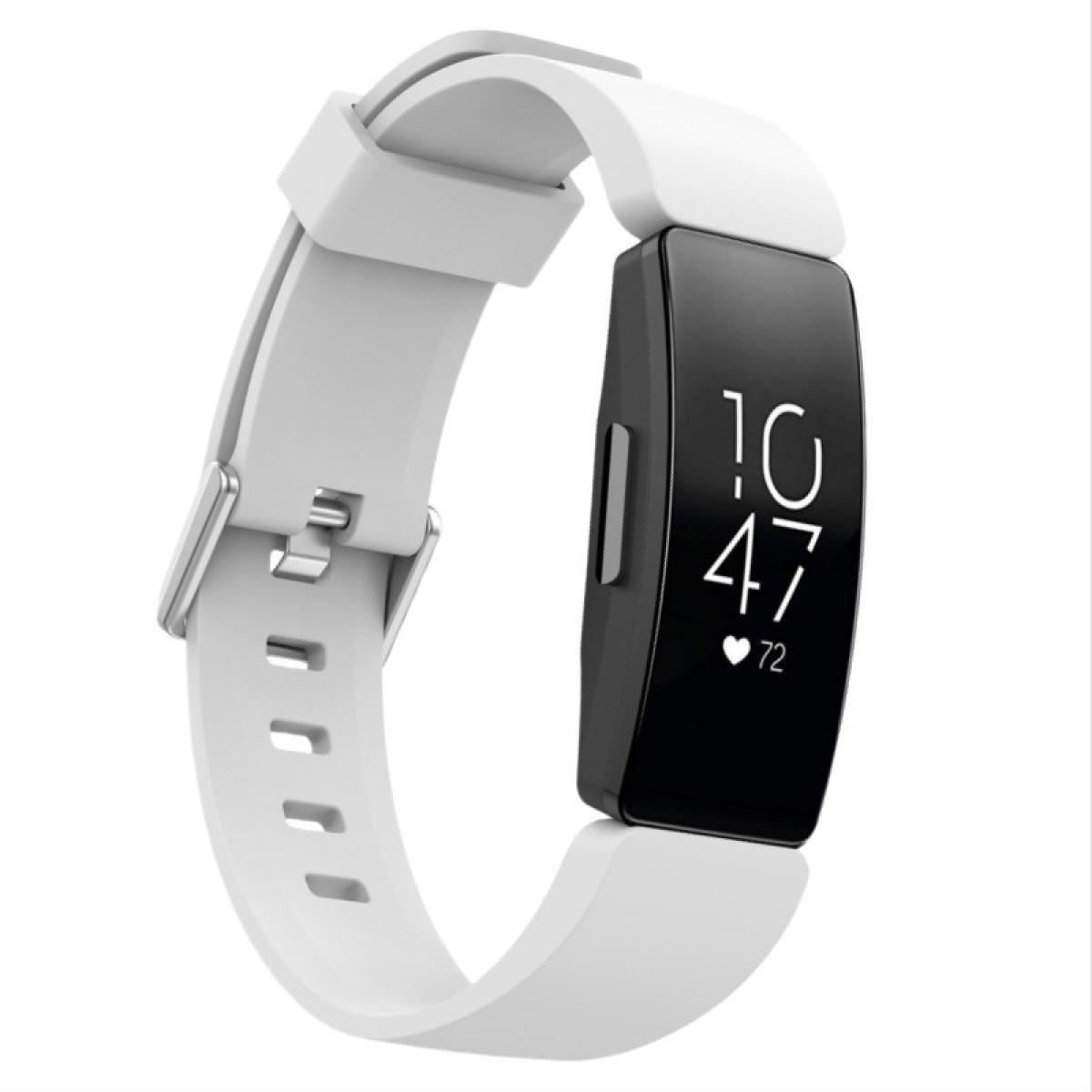 Ein weißer Fitnesstracker mit schwarzem Bildschirm, der Zeit und Herzfrequenz anzeigt. Das Armband ist weiß, mit Metallverschluss.