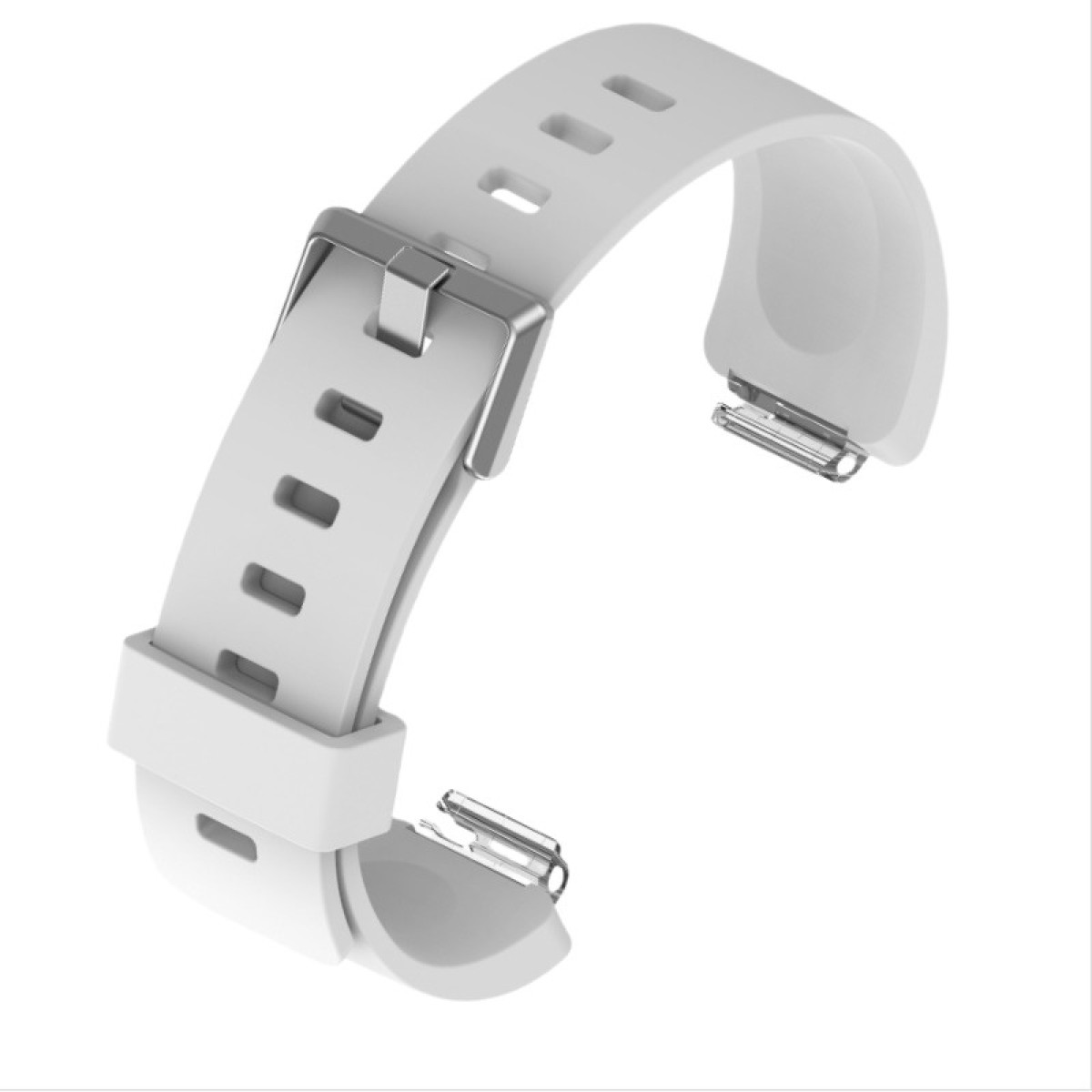 Ein weißes Uhrenarmband mit silberner Schnalle und Stiften. Das Armband hat mehrere Löcher zur Verstellung.