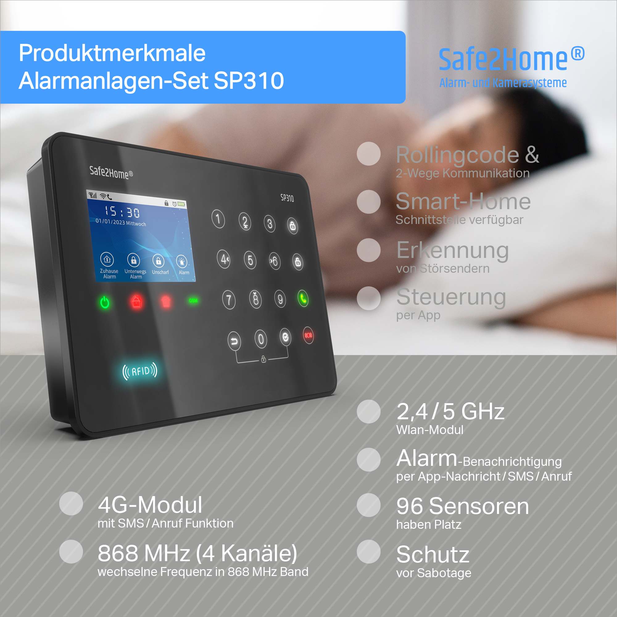 Schwarzes Sicherheitssystem mit Display, das Zeit und Datum anzeigt, mit einer Tastenoberfläche. Zu den Funktionen gehören Alarm, Smart Home und 4G-Modul.