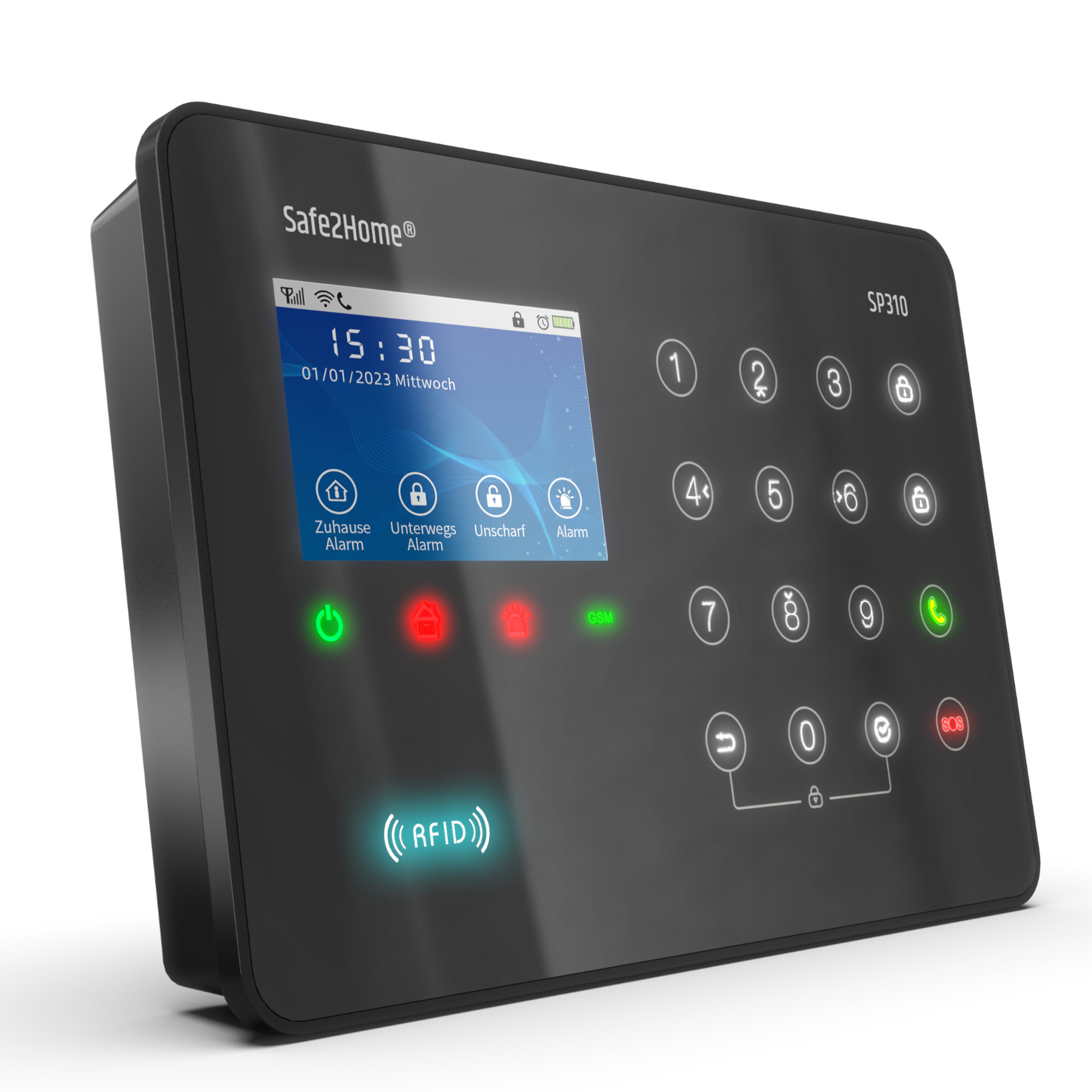 Schwarzes Safe2Home-Alarmsystem mit Bildschirm, der Uhrzeit und Datum anzeigt, Tastatur und verschiedenen Statusleuchten. RFID-Funktion sichtbar.