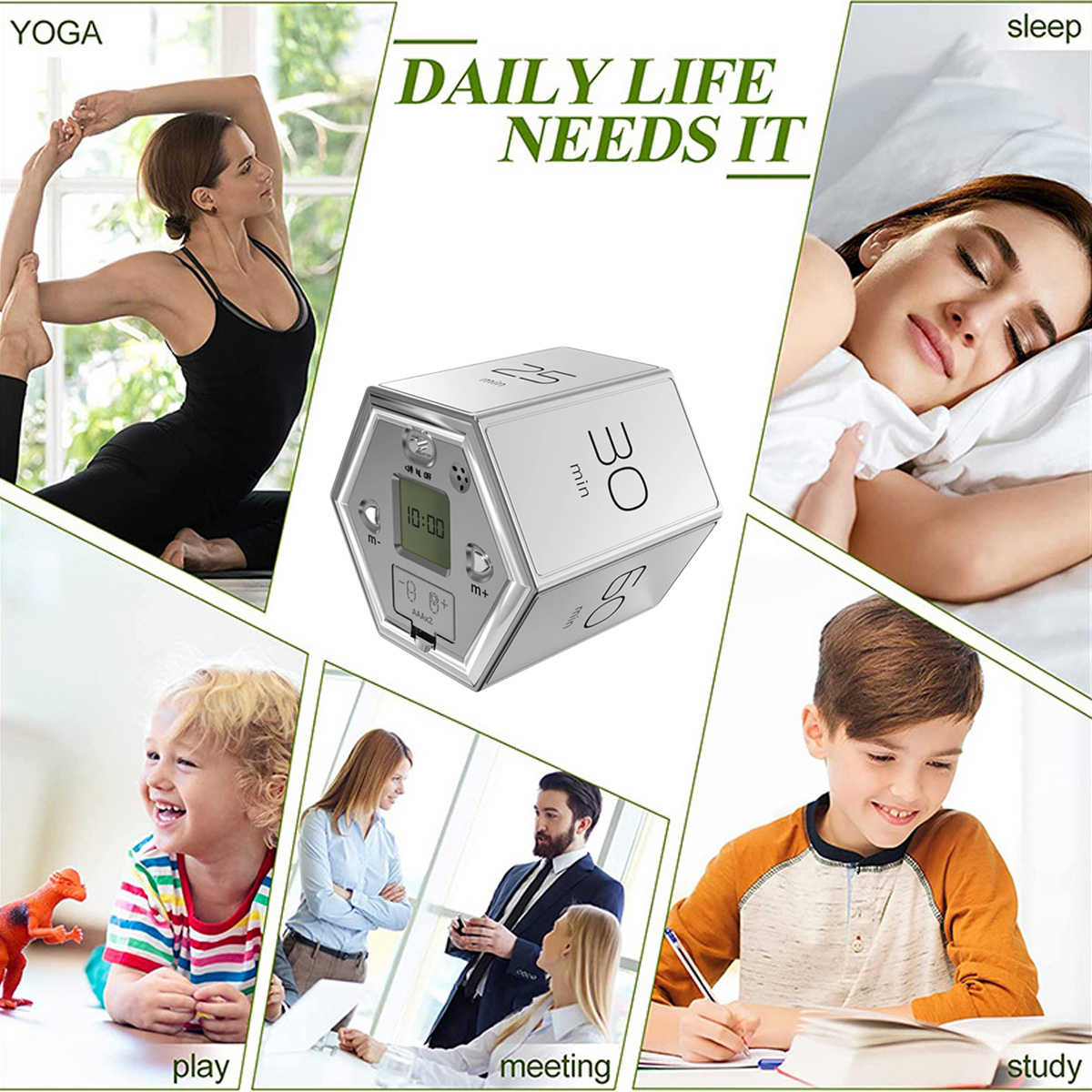 Das Bild zeigt einen Timer mit Szenen von Yoga, Schlaf, Spiel, Meeting und Studium, was auf tägliche Aktivitäten hindeutet.