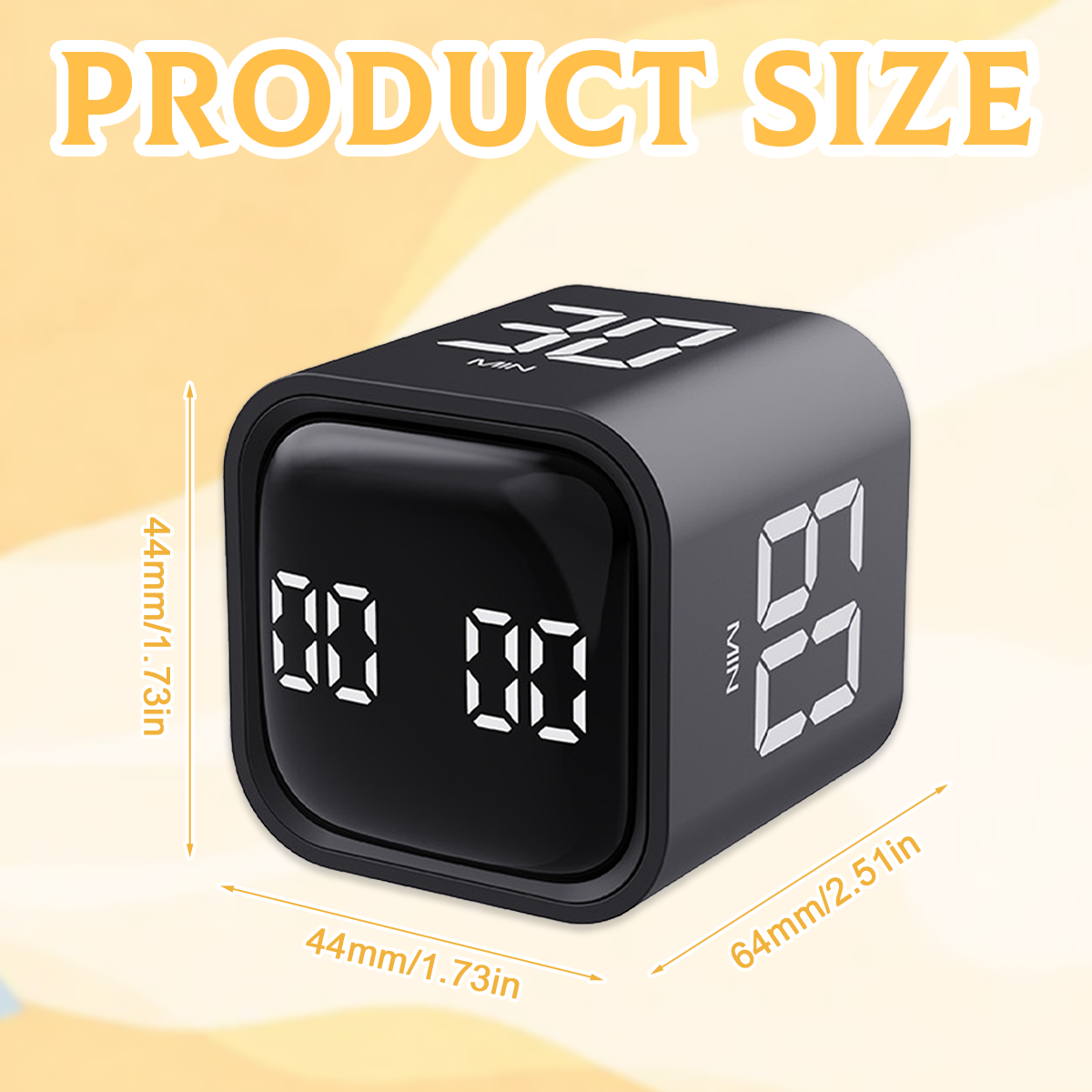 Ein schwarzer Würfel-Timer zeigt die Zeit an. Zahlen sind weiß auf schwarzem Bildschirm. Produktgröße und Abmessungen sind gelb.
