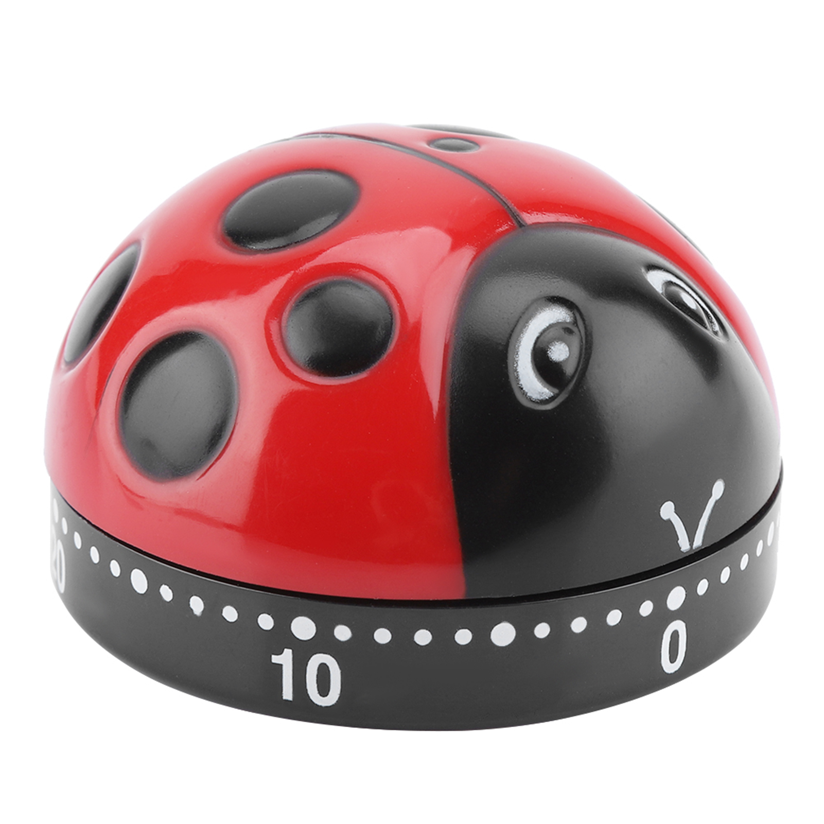 Ein marienkäferförmiger Küchentimer. Er hat einen roten Körper mit schwarzen Punkten und einen schwarzen Kopf. Der Timer ist auf Null gestellt.