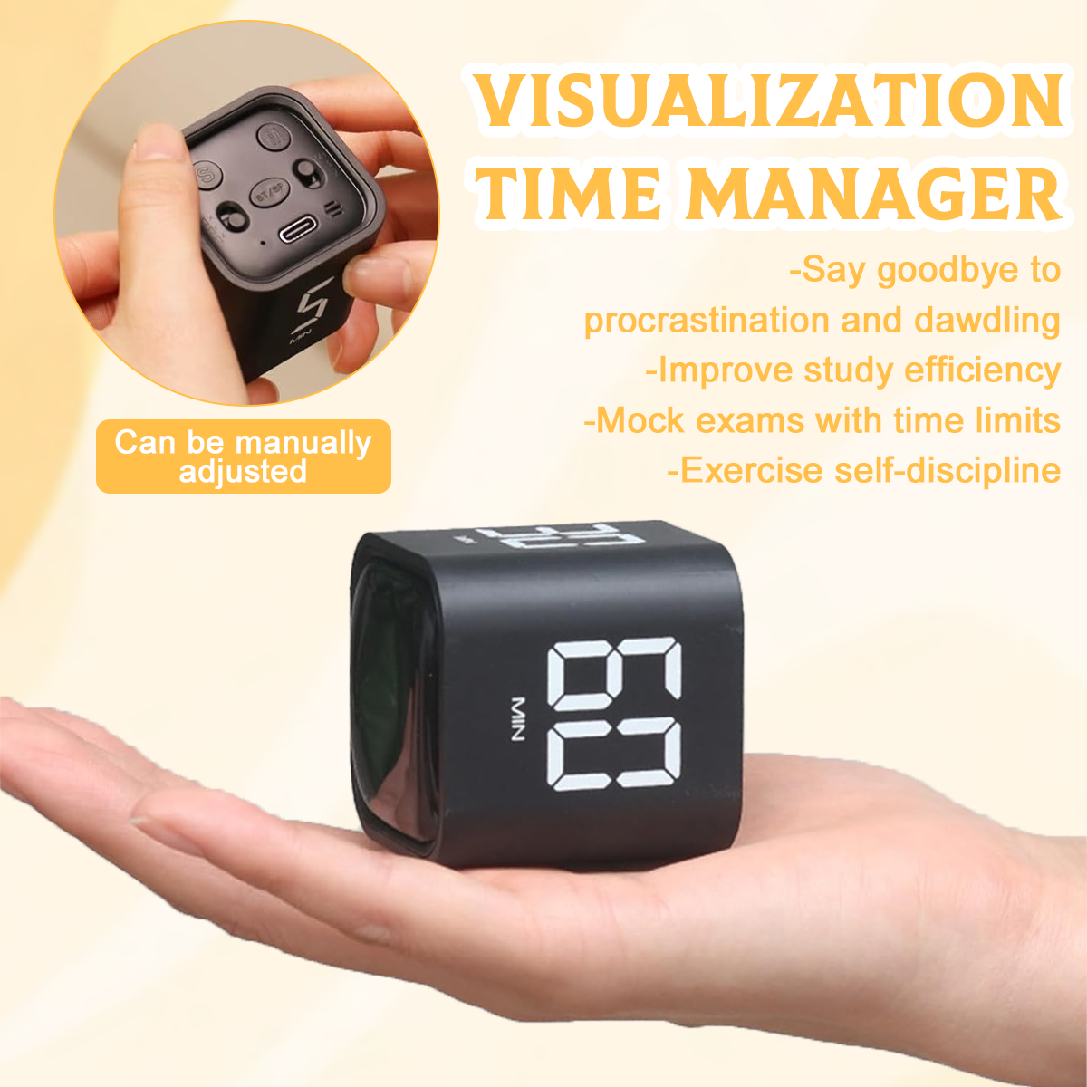 Ein schwarzer Würfel-Timer zeigt '23 MIN' an. Er wird in einer Hand gehalten. Text lautet 'VISUALISIERUNG ZEITMANAGER'.
