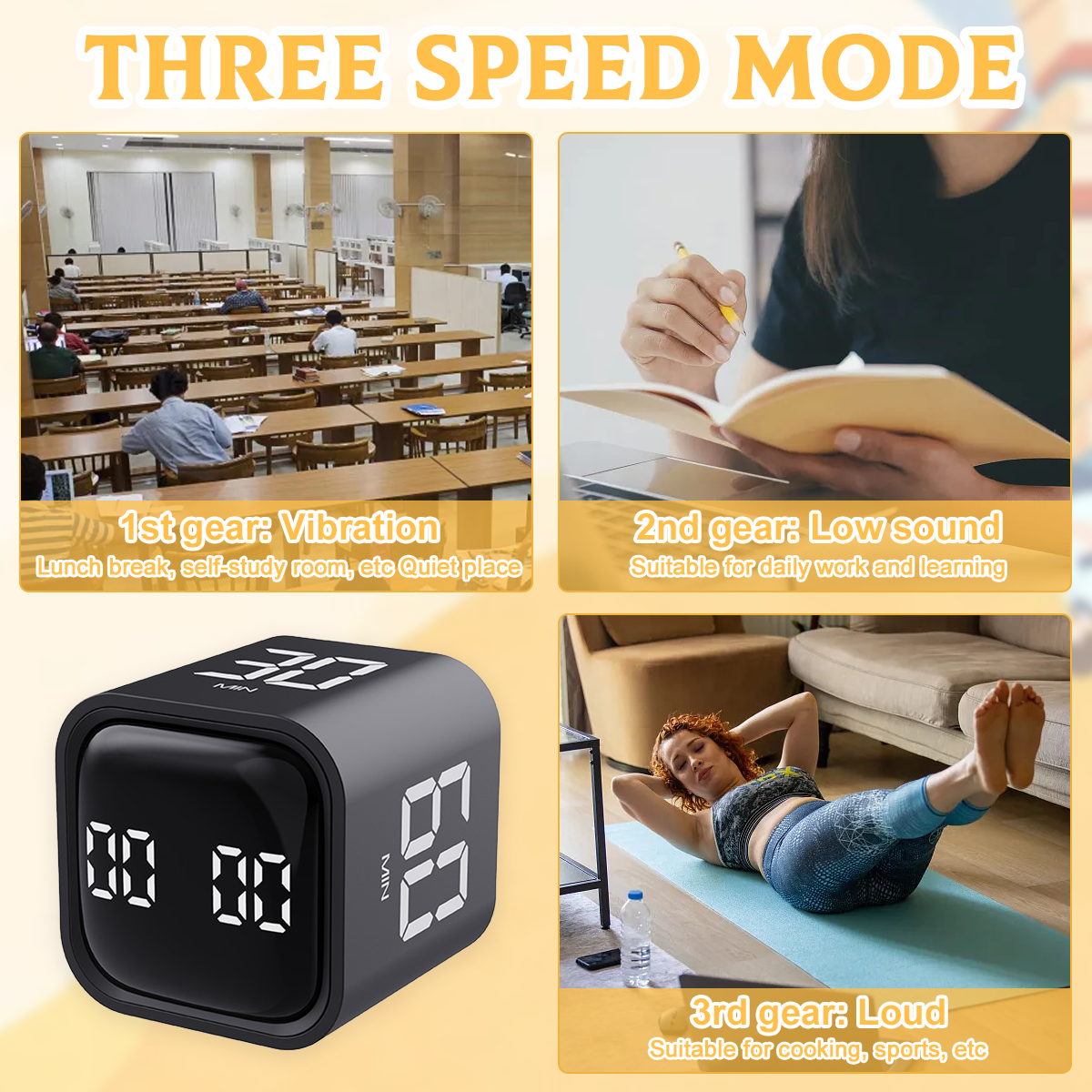 Das Bild zeigt einen Würfel-Timer mit Display und drei Szenen: Bibliothek, Person beim Schreiben und Frau beim Crunchen. Text kennzeichnet Modi: Vibration, leise, laut.