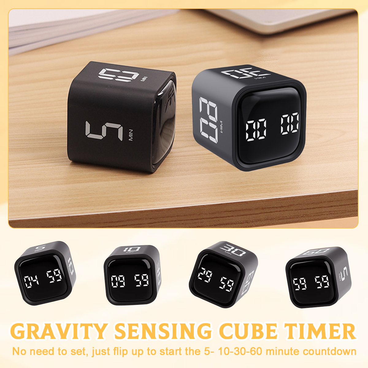 Schwarze Würfel-Timer mit Zahlenanzeige. Einer zeigt '5 min', ein anderer '00:00', andere zeigen Countdowns. Text: 'GRAVITY SENSING CUBE TIMER'.
