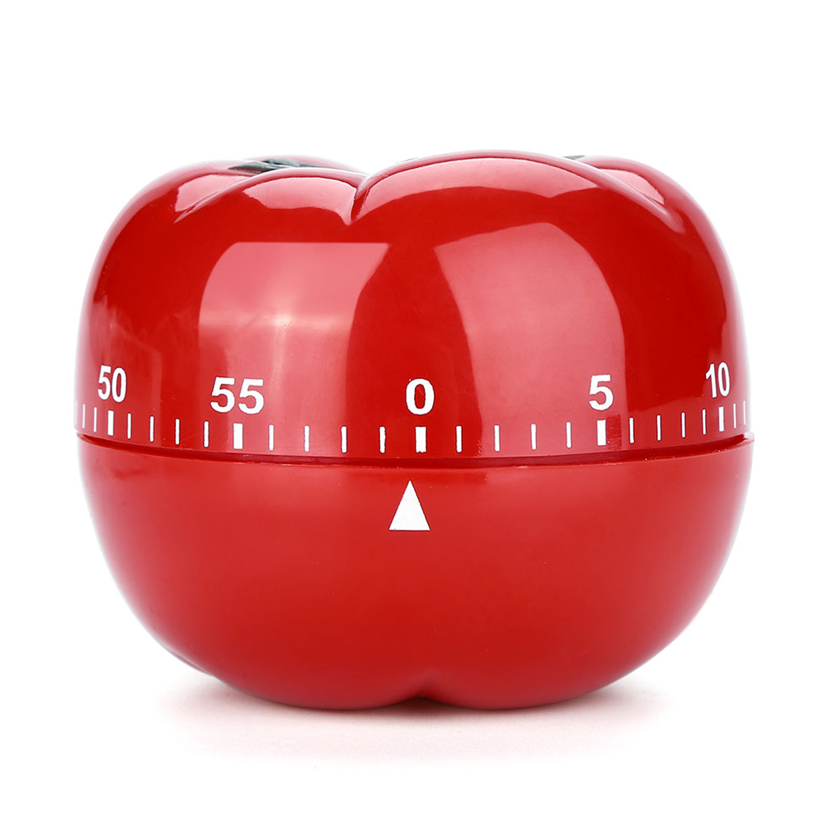 Ein roter, tomatenförmiger Küchentimer mit weißen Zahlen und einem weißen Pfeil, der die Zeit anzeigt. Weißer Hintergrund.