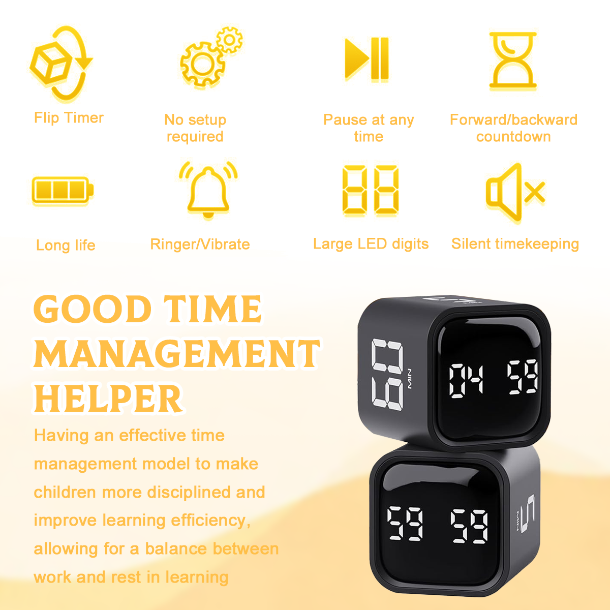 Schwarze Würfel-Timer mit Digitalanzeigen, die die Zeit anzeigen, und Icons für Funktionen wie Timer und Stummmodus.