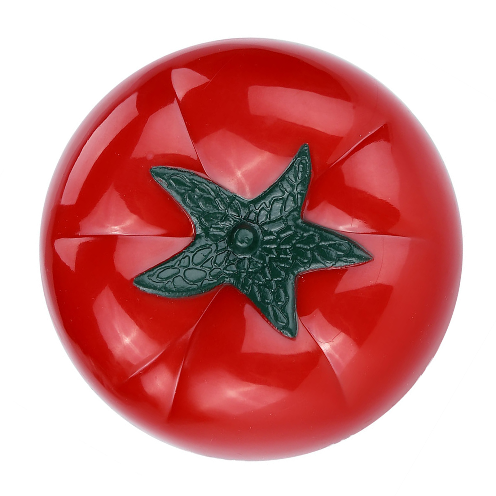 Draufsicht auf eine rote Tomate mit grünem sternförmigen Stiel auf weißem Hintergrund.