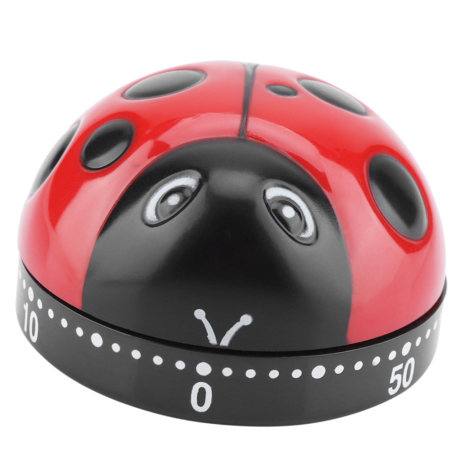 Ein marienkäferförmiger Küchentimer. Er hat eine rote Oberseite mit schwarzen Punkten, ein schwarzes Gesicht und eine schwarze Basis mit weißen Zahlen.