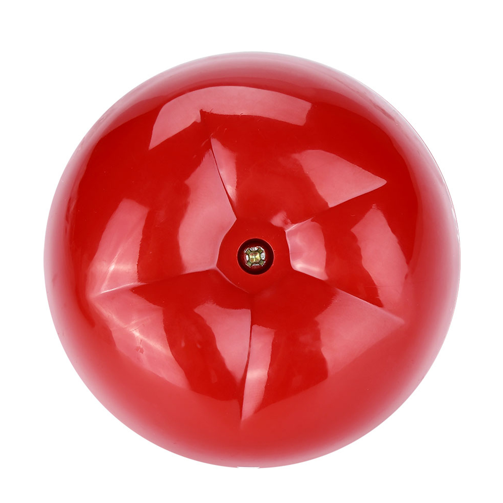 Ein rotes, glänzendes, kugelförmiges Objekt. Es hat ein sternförmiges Design auf der Oberfläche und ein kleines Licht in der Mitte.