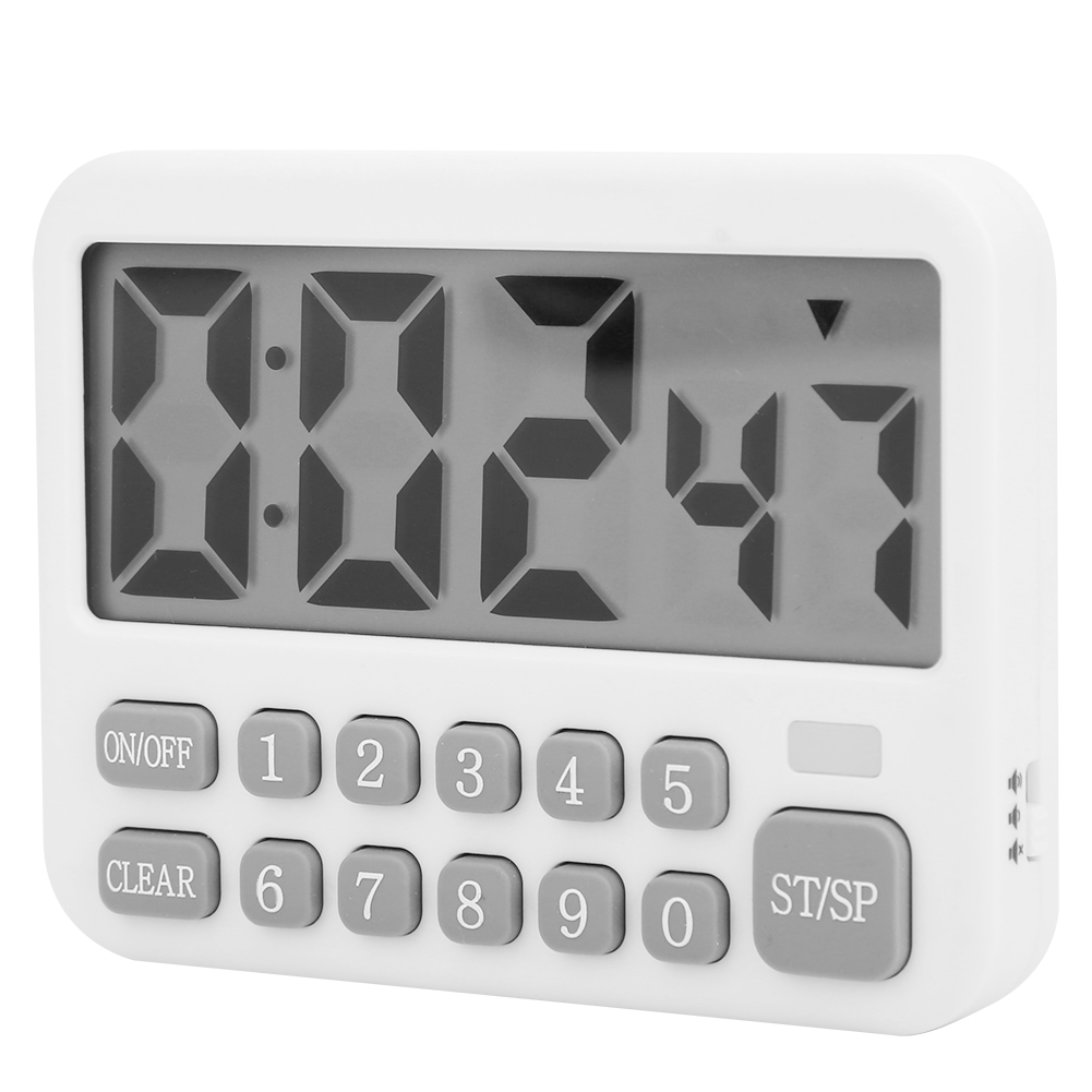 Weißer digitaler Küchentimer mit der Anzeige 0:24:47. Er hat graue Tasten für Ein/Aus, Zahlen, Löschen und Start/Stopp.