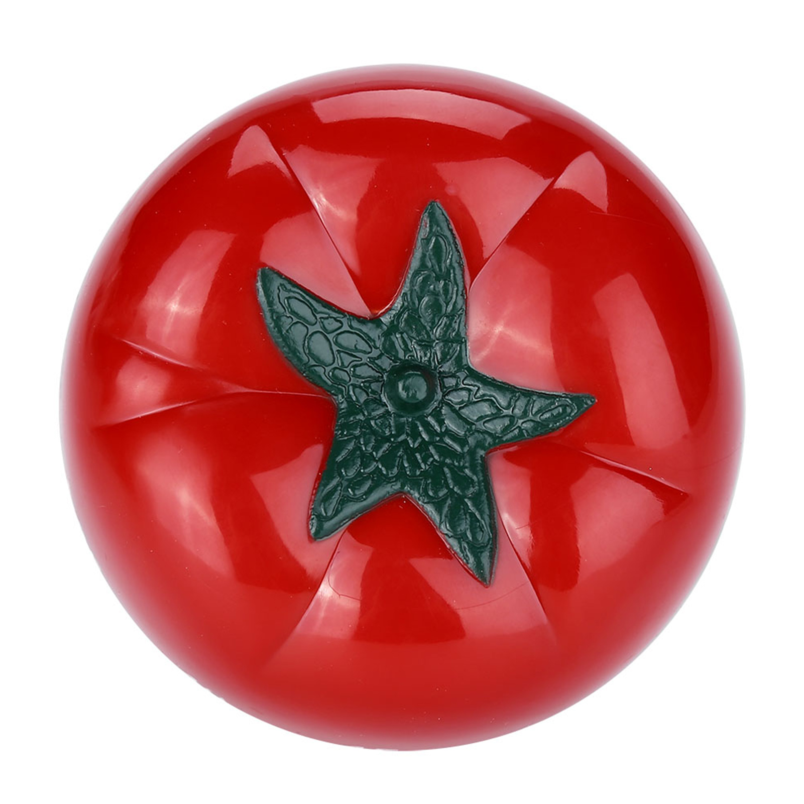 Eine rote, runde Tomate mit einem grünen sternförmigen Stiel. Die Tomate hat eine glänzende Oberfläche und befindet sich auf weißem Hintergrund.