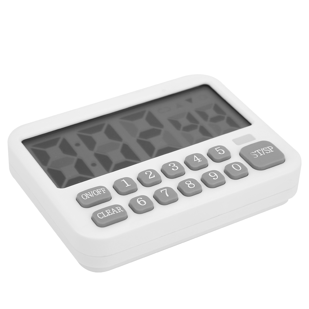 Ein weißer digitaler Küchentimer mit numerischer Anzeige. Er hat Tasten für Zahlen und Funktionen wie EIN/AUS, LÖSCHEN und ST/SP.