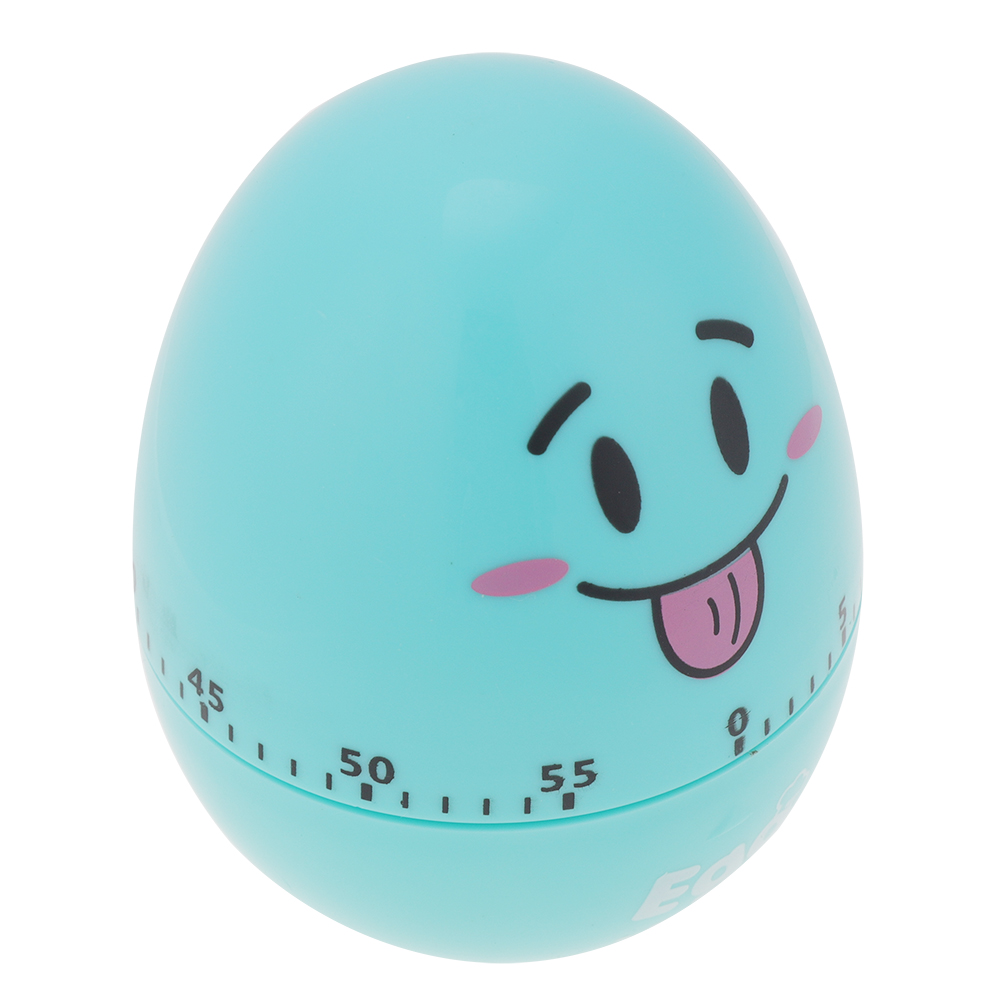 Ein blaues eiförmiges Ei mit einem lächelnden Gesicht, rosa Wangen, schwarzen Augen und einer herausgestreckten Zunge, und Zahlen an der Seite.
