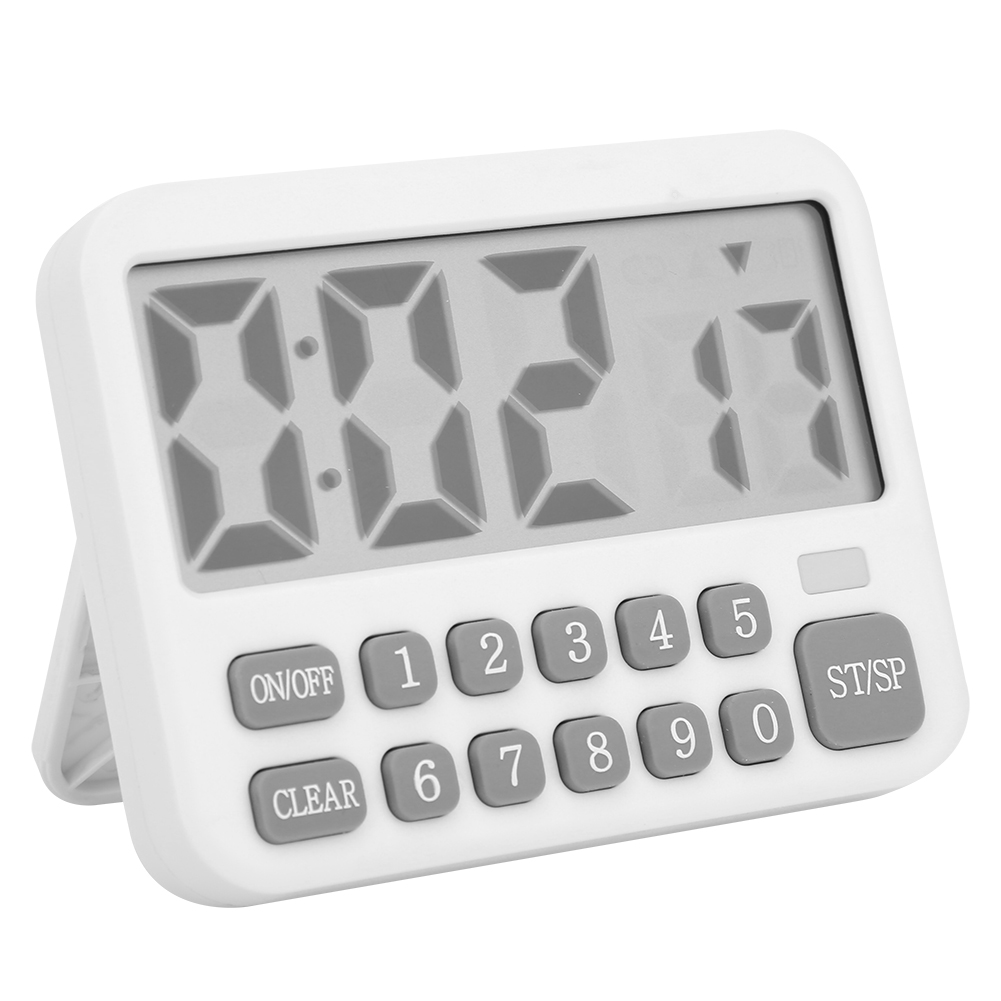 Ein weißer digitaler Küchentimer zeigt 0:02:17 an. Er hat graue Tasten, darunter EIN/AUS, Zahlen, Löschen und ST/SP. Der Timer steht auf weißem Untergrund.