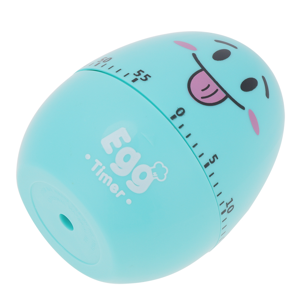 Ein hellblauer Eieruhr mit einem Gesicht. Es hat ein Zifferblatt und die Worte 'Egg Timer'. Das Gesicht hat schwarze Augen, rosafarbene Wangen und eine Zunge.