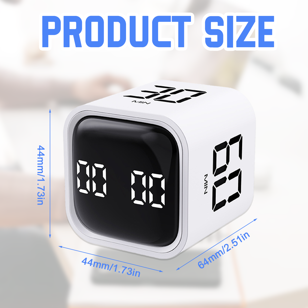 Ein weißer Würfel-Timer mit digitaler Anzeige. Zeigt Abmessungen, Produktgröße und einen Timer mit 00:00 und 29 Minuten an.