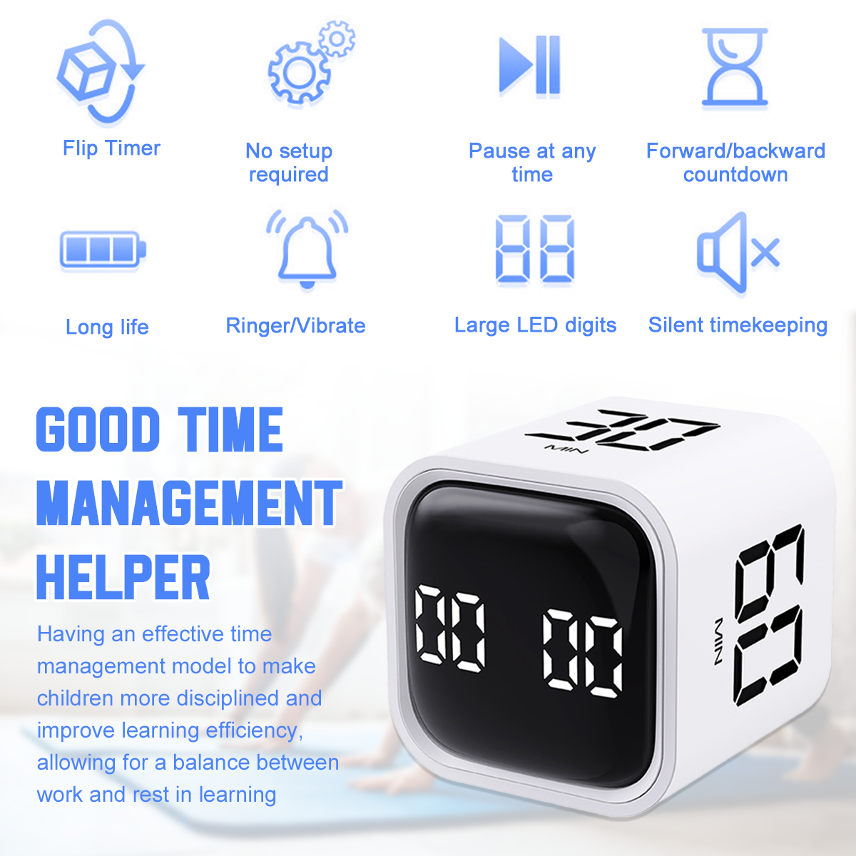 Ein weißer Würfel-Timer zeigt die Zeit an. Symbole zeigen Funktionen wie Flip-Timer, Pause und Stummmodus. Text: 'GUTER ZEITMANAGEMENT-HELFER'.