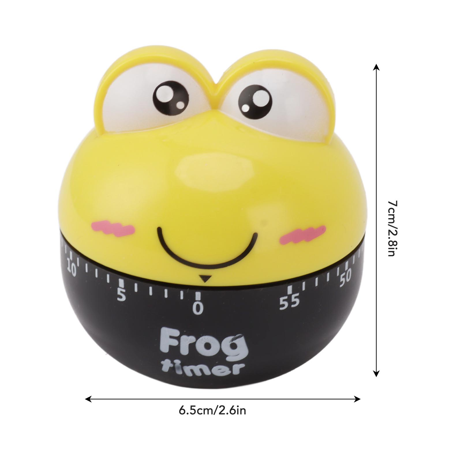 Ein gelber froschförmiger Timer mit schwarzem Sockel. Er hat ein lächelndes Gesicht, rosa Wangen und eine Timer-Skala.