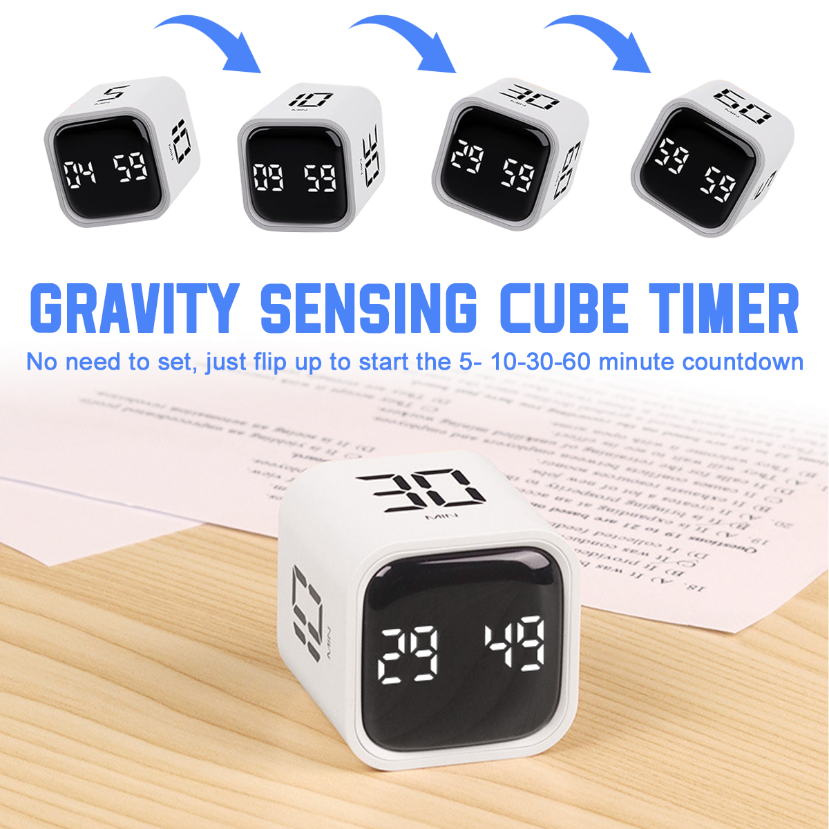 Weiße Würfel-Timer mit verschiedenen Zeiten (04:59, 09:59, 29:59, 59:59). Text: Schwerkraft-Sensor-Würfel-Timer. Countdown startet durch Umdrehen.