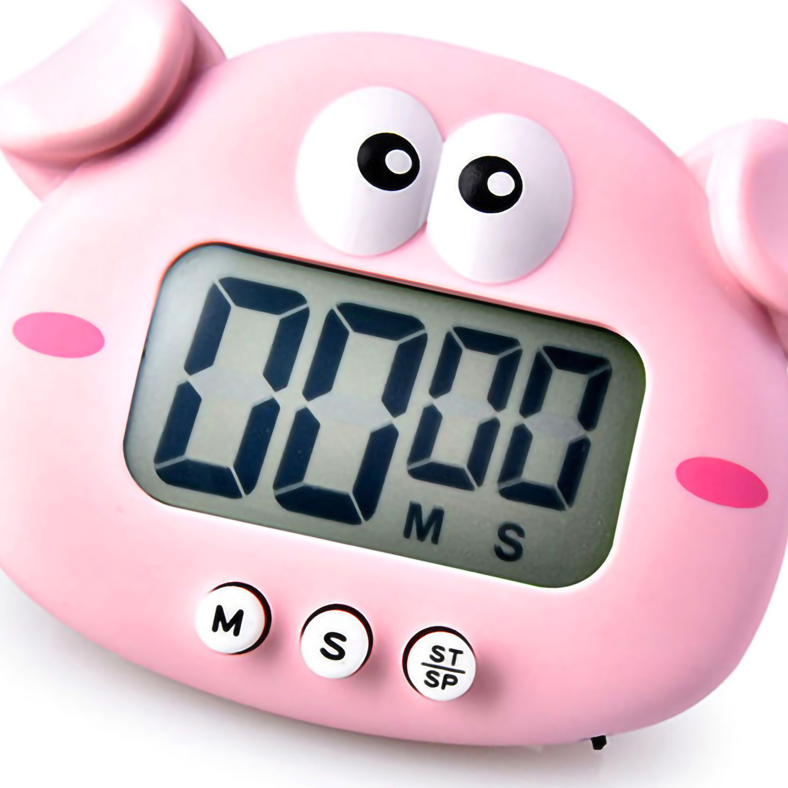 Ein rosa Schweinchen-Küchentimer zeigt 00:00. Es hat Augen, Ohren und Knöpfe. Das Display zeigt die Zeit in Minuten und Sekunden an.