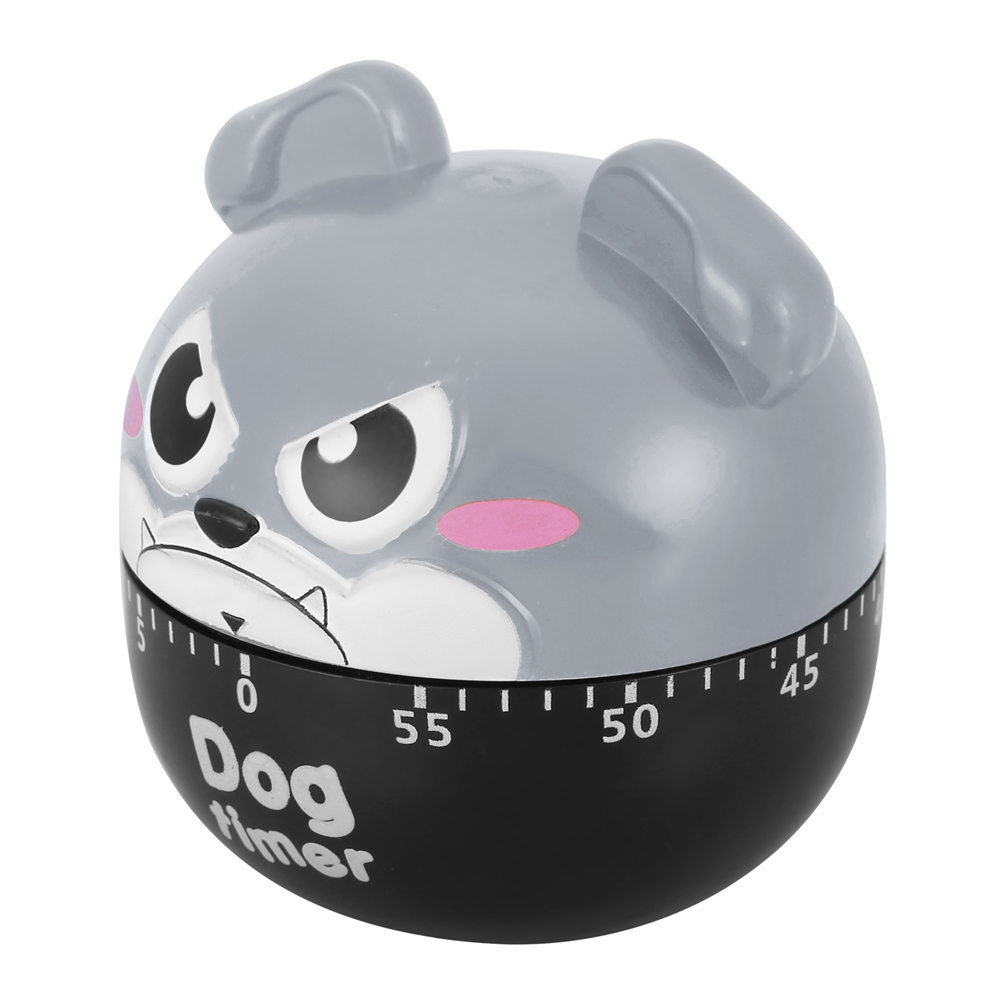 Ein hundeformiger Küchenwecker. Grauer Kopf mit schwarzen und weißen Merkmalen. Die Basis des Timers ist schwarz, mit dem Wort 'Dog Timer'.