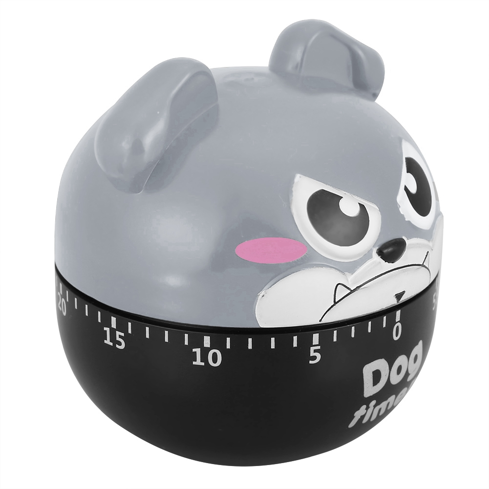Ein hundeformiger Küchentimer. Grauer Kopf mit rosafarbenen Wangen, schwarz-weiße Augen, schwarze Timerbasis mit weißen Zahlen und dem Wort 'Dog time'.