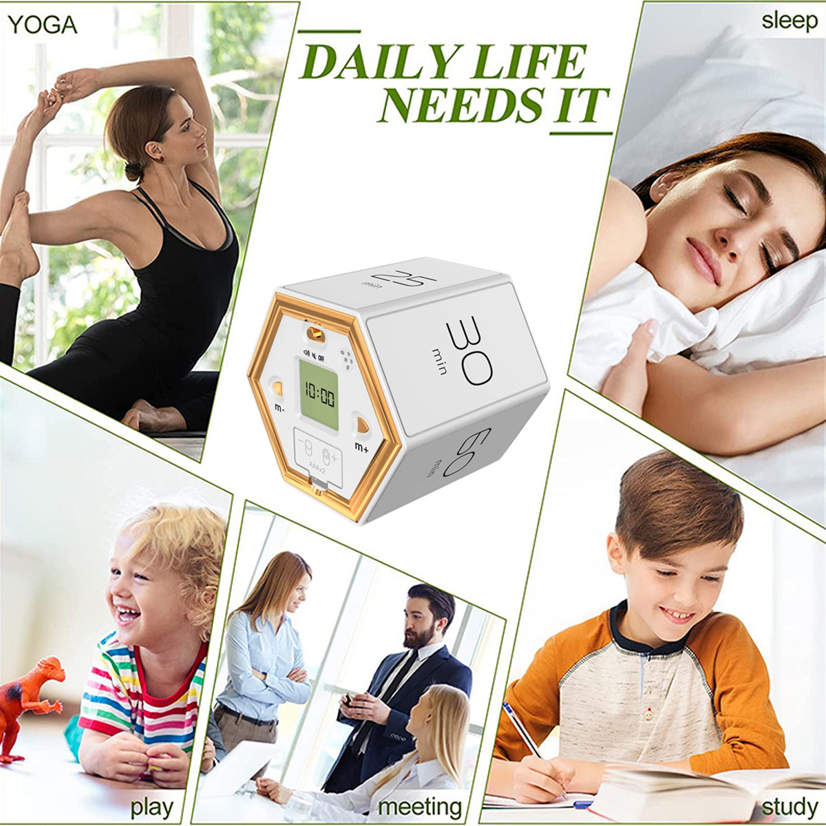 Die Collage zeigt Yoga, Schlaf, Spiel, Meeting und Studium. In der Mitte befindet sich ein Timer. Der Text lautet 'DAILY LIFE NEEDS IT'.