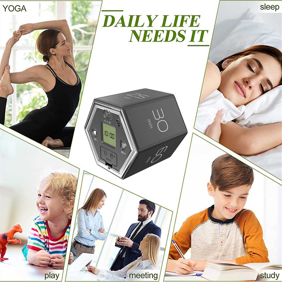 Collage mit Yoga, Timer, schlafender Person, spielendem Kind, Geschäftstreffen und lernendem Kind. Alle Aktivitäten sind zeitbezogen.