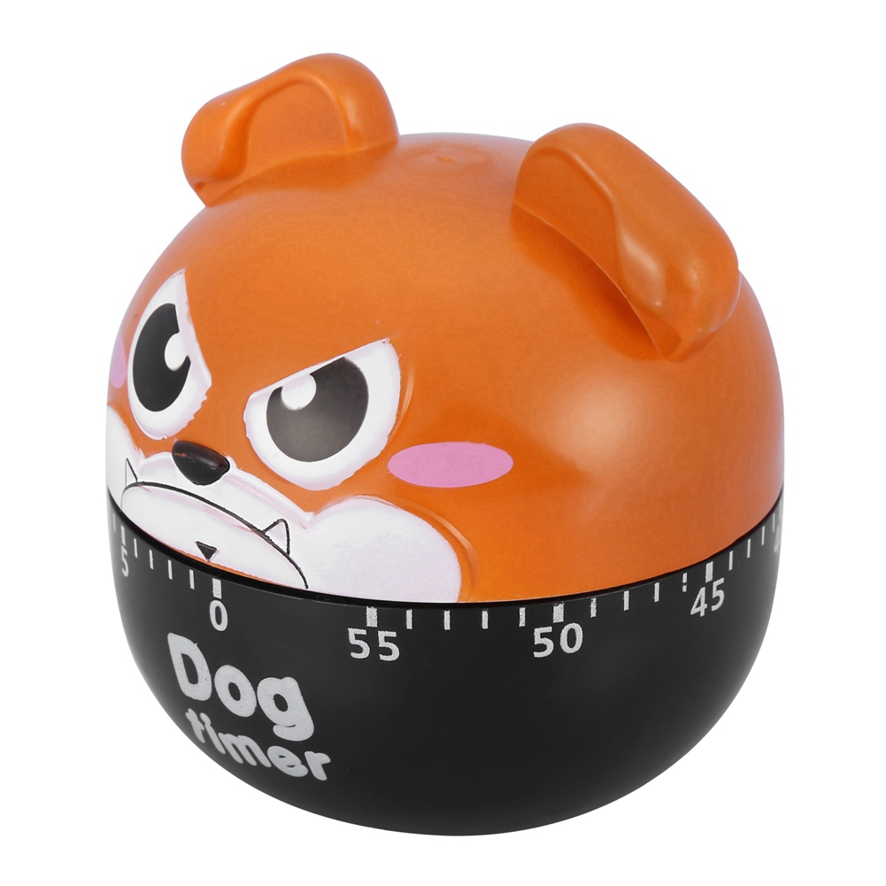 Hundeförmiger Küchentimer. Oranger Kopf mit Ohren, schwarz-weißes Gesicht und schwarze Basis mit Zahlen und der Aufschrift 'Dog Timer'.