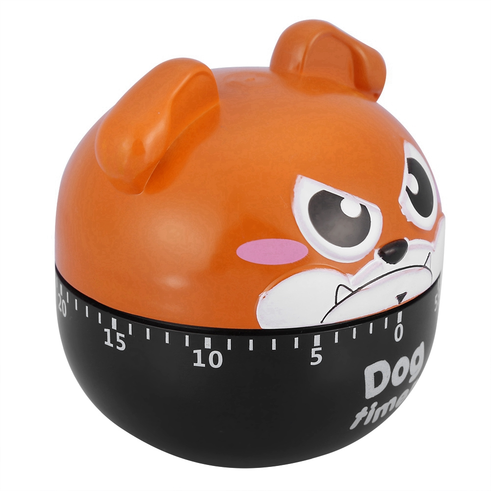 Ein orangefarbener Küchenwecker in Hundeform. Er hat einen schwarzen Sockel mit einer Zeitleiste und den Worten 'Dog time'.
