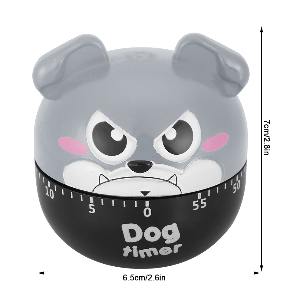 Ein hundeformiger Küchentimer. Grauer Kopf mit schwarzen Augen und rosa Wangen. Schwarze Basis mit einer Timer-Skala und den Worten 'Dog timer'.