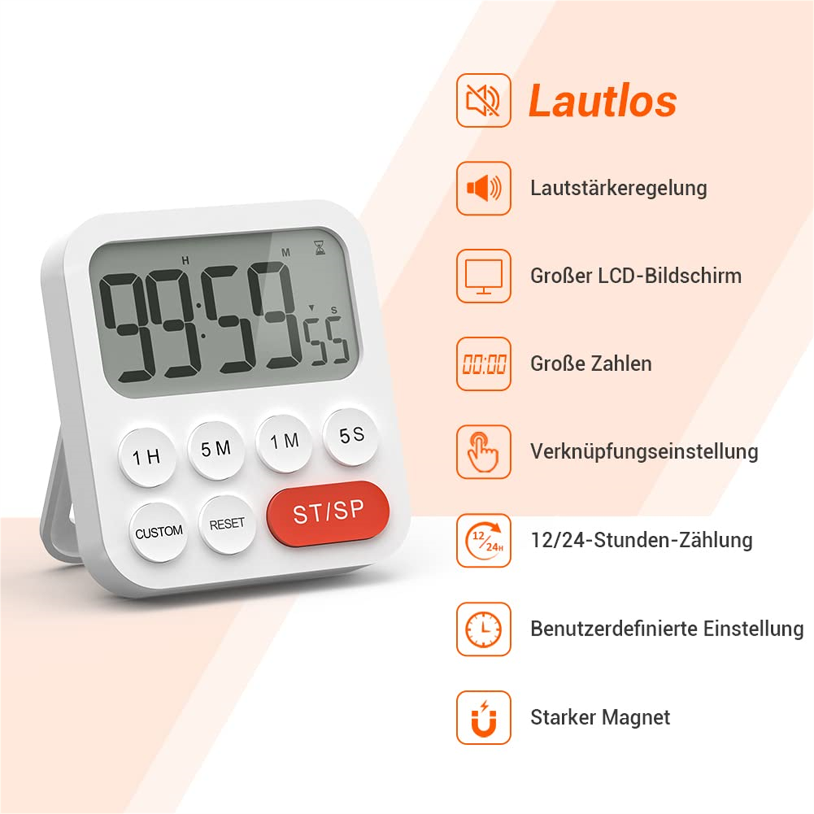 Ein weißer digitaler Küchentimer zeigt 99:59:55 an. Er hat Tasten für Zeitschritte und eine rote Start/Stopp-Taste.