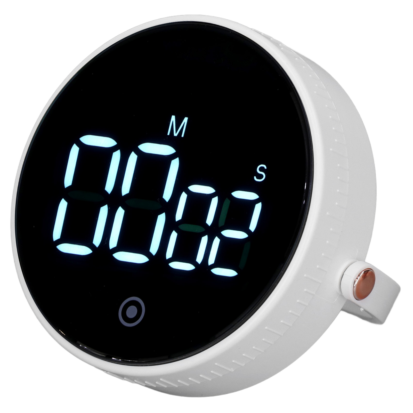 Ein weißer runder Timer mit digitaler Anzeige 00:02. Er hat einen Griff und einen Knopf. Der Hintergrund ist weiß.