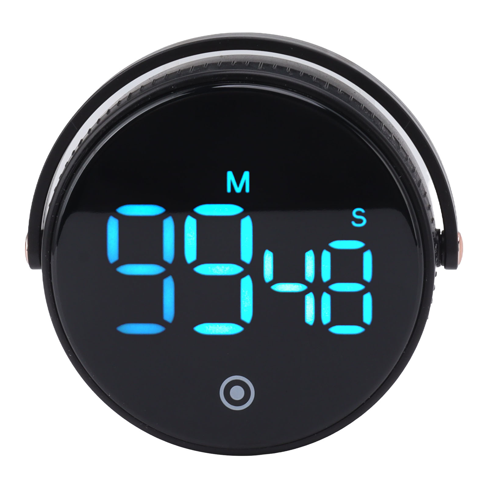 Ein schwarzer digitaler Küchentimer zeigt 99 Minuten und 48 Sekunden an. Er hat eine runde Form mit einem Knopf und einem Griff.