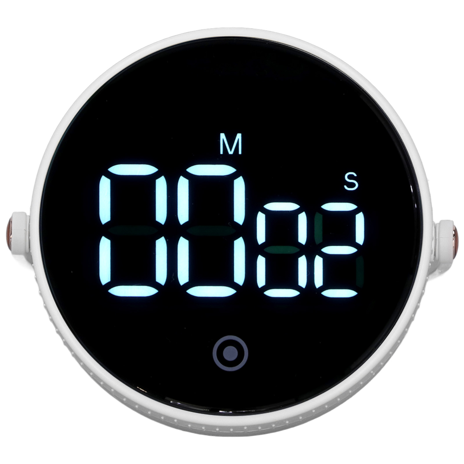 Ein runder, weißer Küchentimer mit schwarzem Bildschirm, der 00:00 in Blau anzeigt. Der Timer hat zwei Knöpfe.
