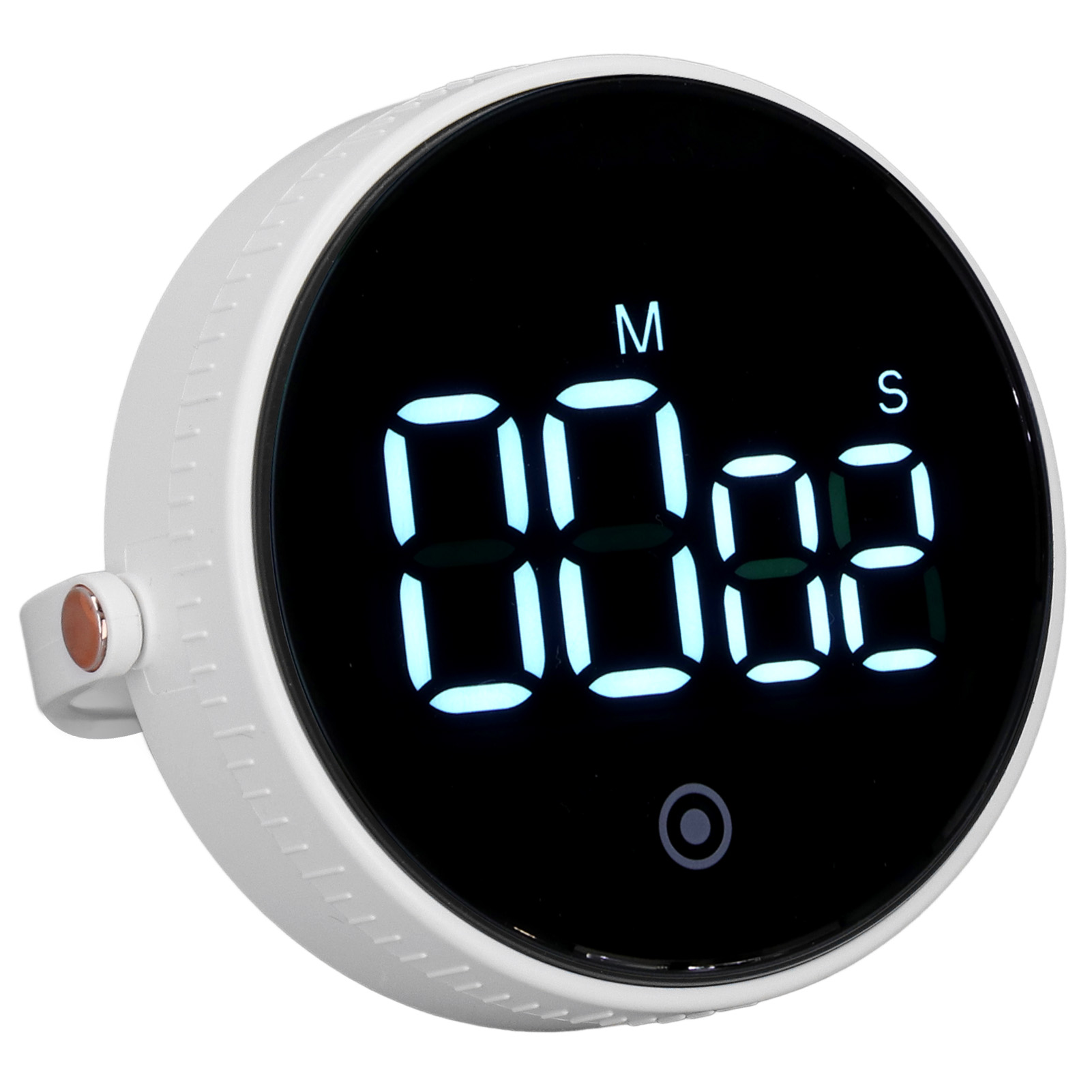Ein weißer Küchentimer mit Digitalanzeige, die 00:02 anzeigt. Er hat einen Griff und einen Knopf.