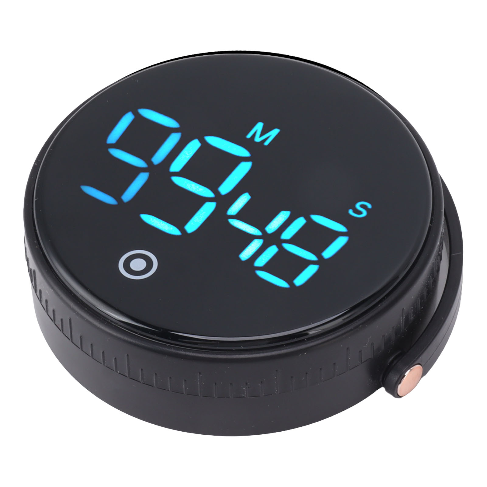 Ein schwarzer digitaler Küchentimer, der 99 Minuten und 48 Sekunden anzeigt. Er hat eine runde Form mit einem kleinen Knopf.