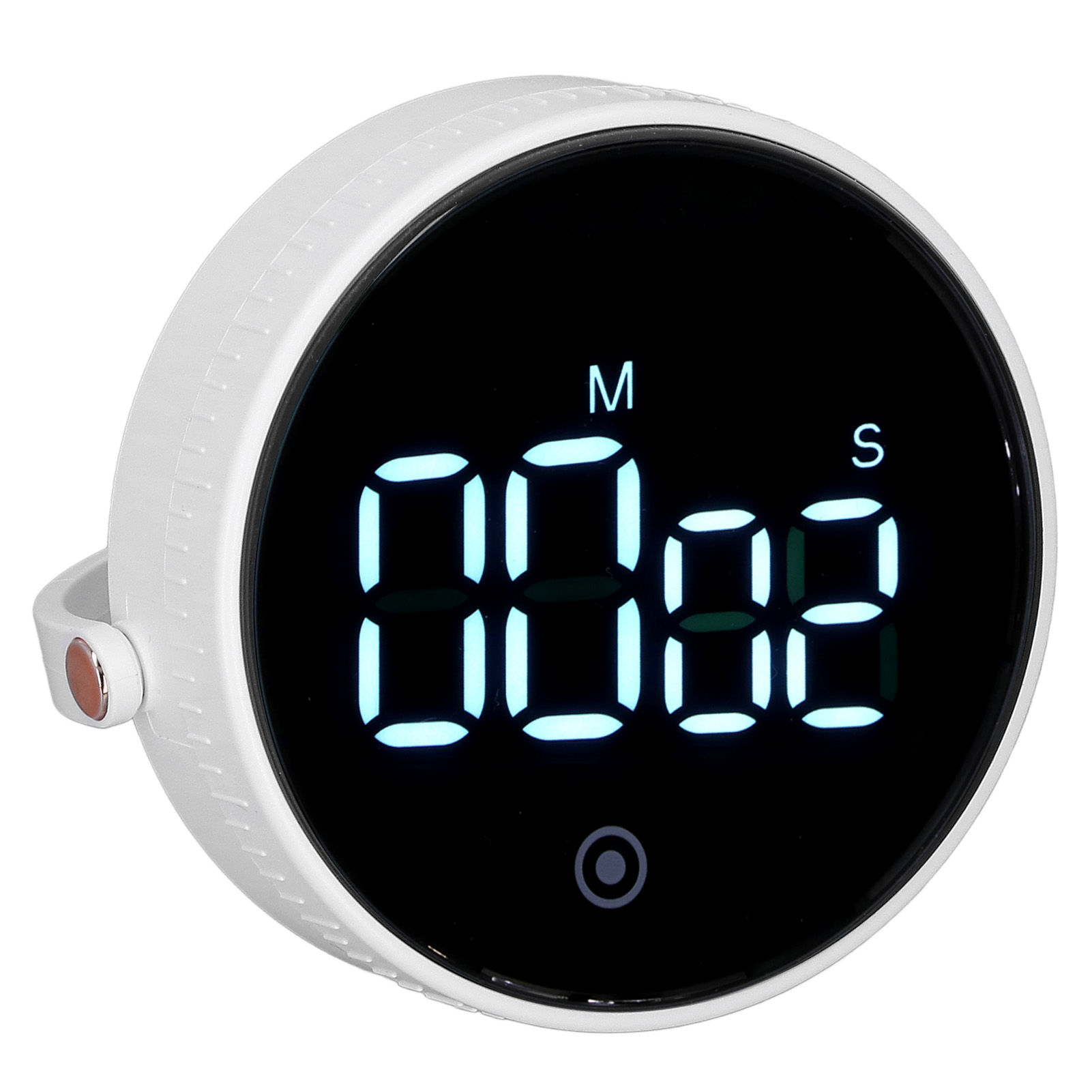 Weißer digitaler Küchentimer zeigt '00:00'. Er hat einen schwarzen Bildschirm und ein weißes Gehäuse.