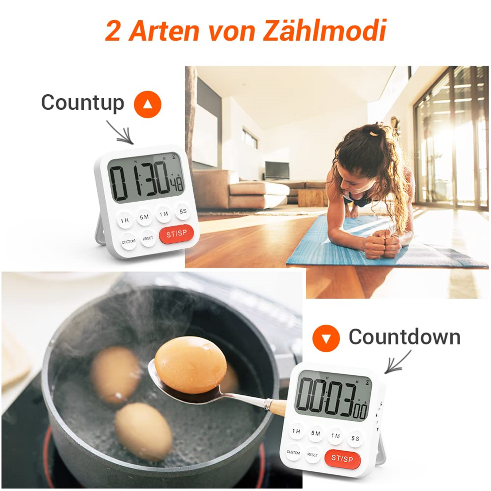 Das Bild zeigt zwei Timer. Einer zählt hoch, der andere runter. Enthält eine Frau beim Training und Eier, die in einem Topf kochen.