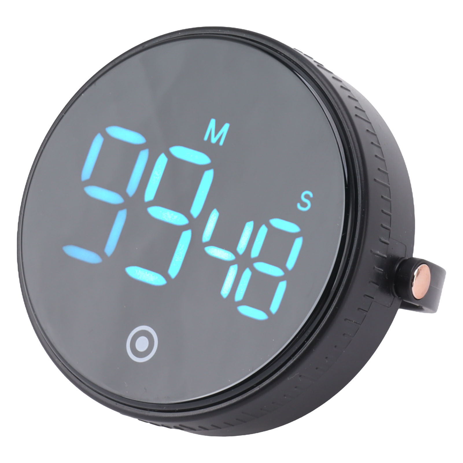 Ein schwarzer runder Timer mit einer blauen Digitalanzeige, die 99 Minuten und 48 Sekunden anzeigt. Er hat einen Griff.