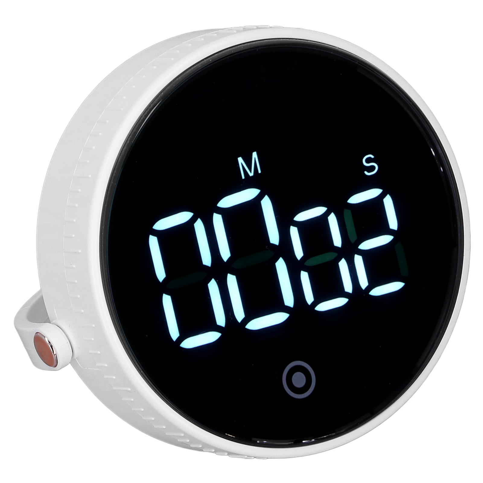 Ein weißer digitaler Küchentimer zeigt 00:02 an. Er ist rund mit einem schwarzen Bildschirm und einem kleinen Knopf.