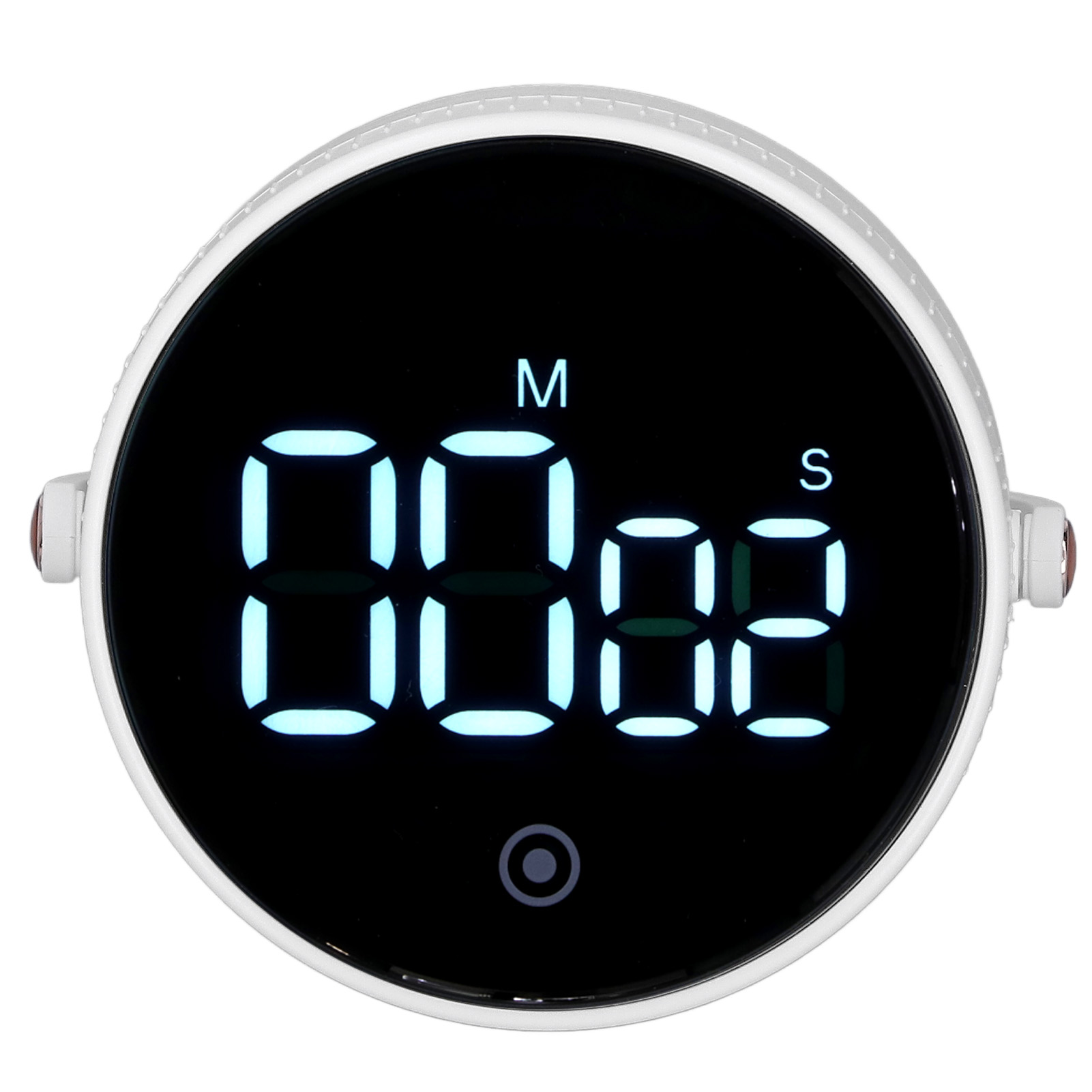 Ein digitaler Küchenwecker zeigt 00:00 in blauen Ziffern an. Er ist kreisförmig, weiß, mit schwarzem Display und zwei Seitentasten.